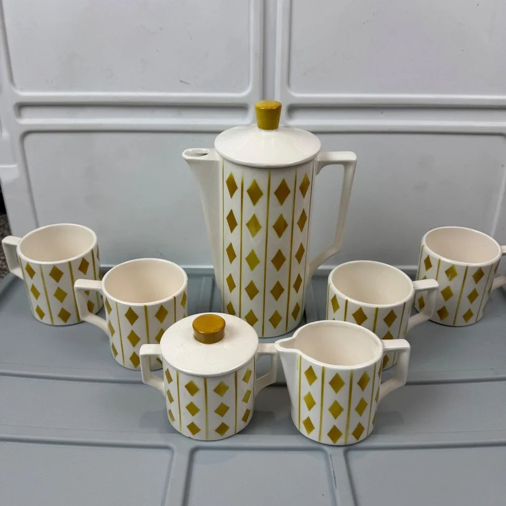 VTG Royal Sealy Harlequin Diamond Coffee Tea Set White Mustard MCM Ceramic 9pc